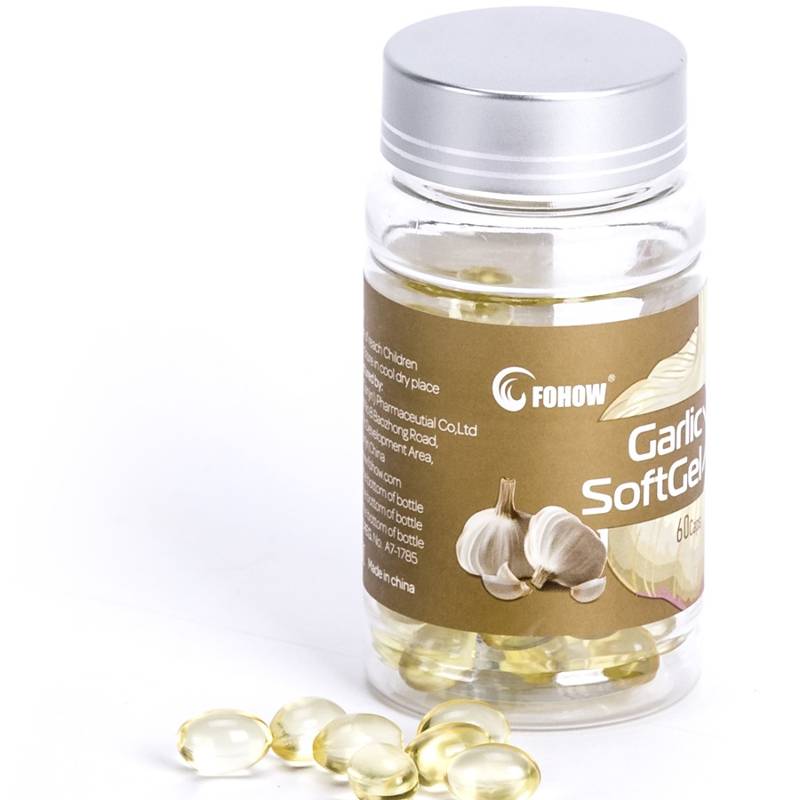 Cápsulas de aceite Fohow con extracto de ajo. Envase con 120 cápsulas blandas de aceite de ajo
